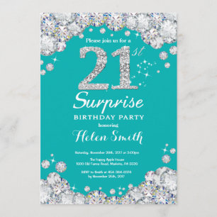 Surprise 21st Birthday Teal and Silver Diamond Invitation