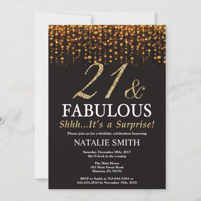 Surprise 21st Birthday Twenty One and Fabulous Invitation (Front)