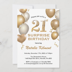 Surprise 21st Birthday White and Gold Balloons Invitation