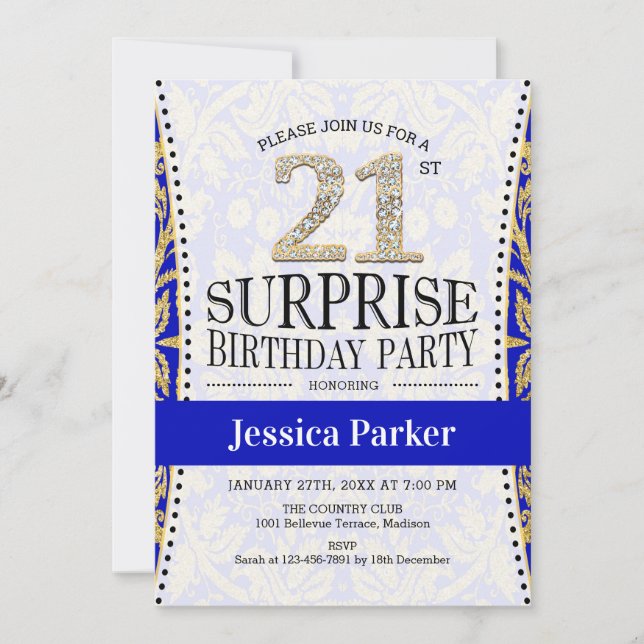 Surprise 21st Birthday - White Gold Royal Blue Invitation (Front)