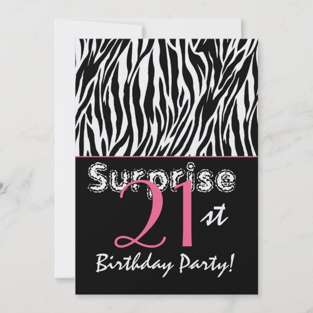 SURPRISE 21st Birthday Zebra Stripes Black White Invitation (Front)