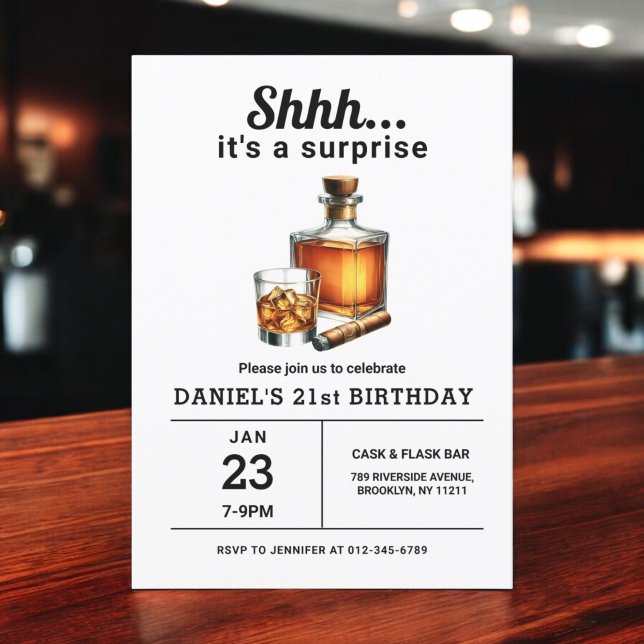 Surprise 21st Whiskey Cigar Bourbon Birthday Party Invitation (Creator Uploaded)