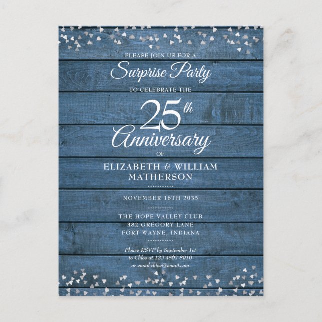 Surprise 25th Anniversary Blue Rustic Hearts Postcard (Front)