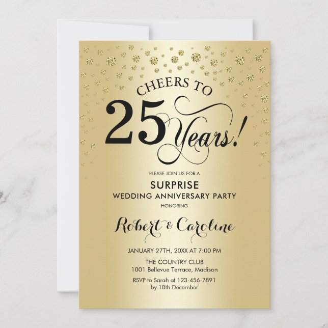 Surprise 25th Anniversary Celebration - Gold Black Invitation (Front)