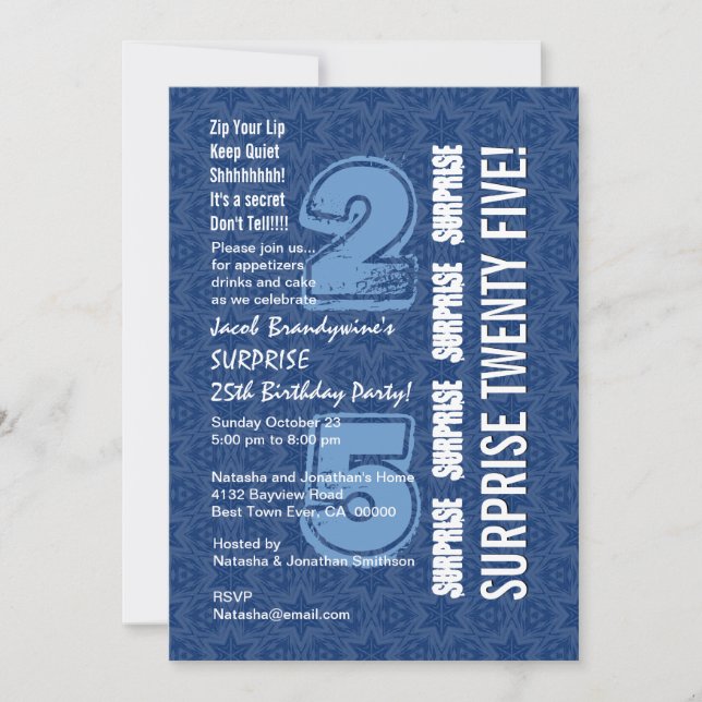 SURPRISE 25th Birthday Modern Blue and White W544 Invitation (Front)