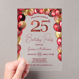 Surprise 25th Birthday Party Gold Burgundy Glitter Acrylic Invitations