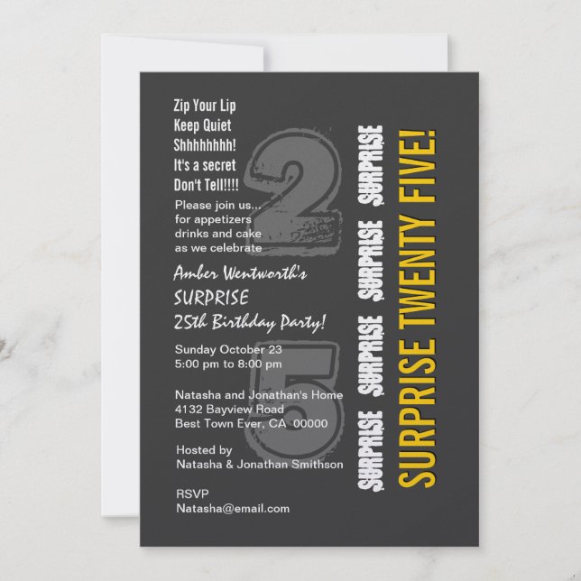 SURPRISE 25th Modern Birthday Grey and Gold Invitation (Front)