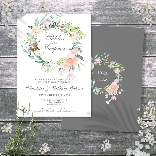 Surprise 25th Silver Anniversary Roses Greenery Invitation (Surprise 25th Silver Anniversary Roses Greenery Invitation)