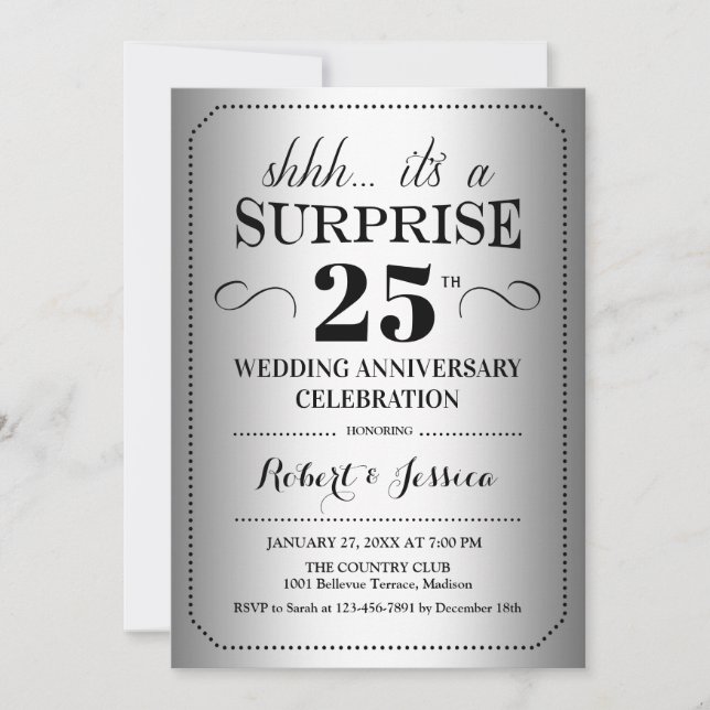 Surprise 25th Wedding Anniversary - Silver Black Invitation (Front)
