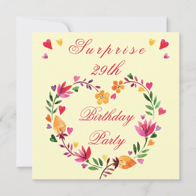 Surprise 29th Birthday Watercolor Floral Heart Invitation (Front)