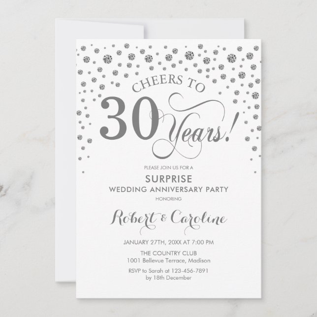 Surprise 30th Anniversary Party - Silver White Invitation (Front)