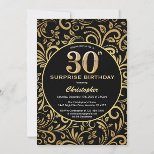 Surprise 30th Birthday Black and Gold Floral Invitation
