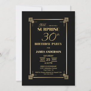 Surprise 30th Birthday Black and Gold Party Invitation