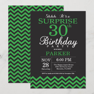 Surprise 30th Birthday Black and Green Chevron Invitation