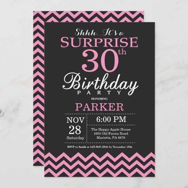 Surprise 30th Birthday Black and Pink Chevron Invitation (Front/Back)