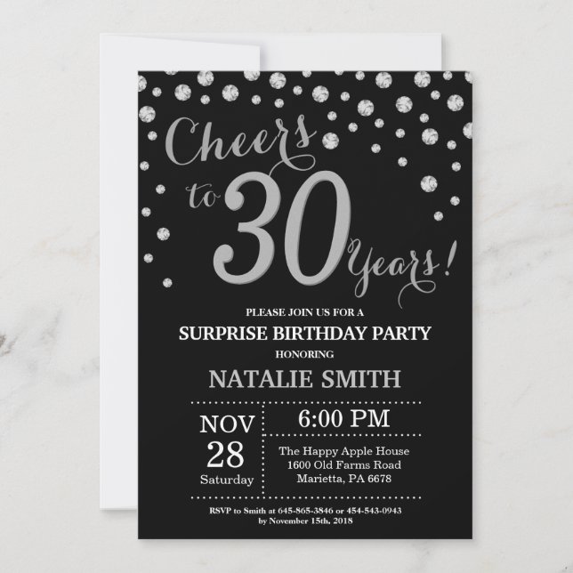 Surprise 30th Birthday Black and Silver Diamond Invitation (Front)