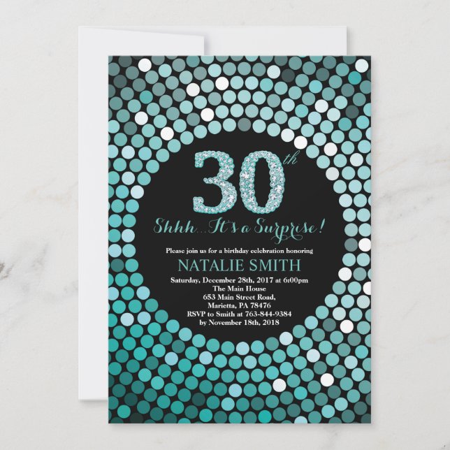 Surprise 30th Birthday Black and Teal Glitter Invitation (Front)