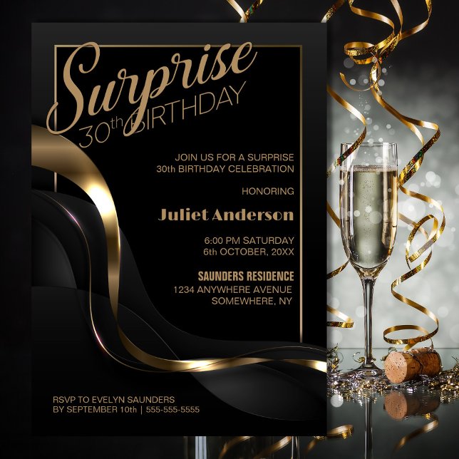 Surprise 30th Birthday Black Gold Party Invitation (Creator Uploaded)