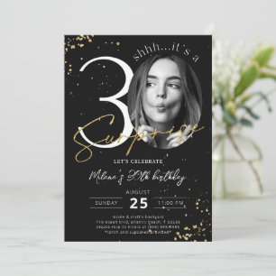 Surprise 30th Birthday Black Gold Photo Invitation