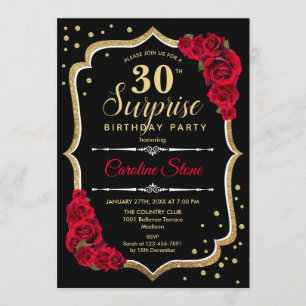 Surprise 30th Birthday - Black Gold Red Invitation