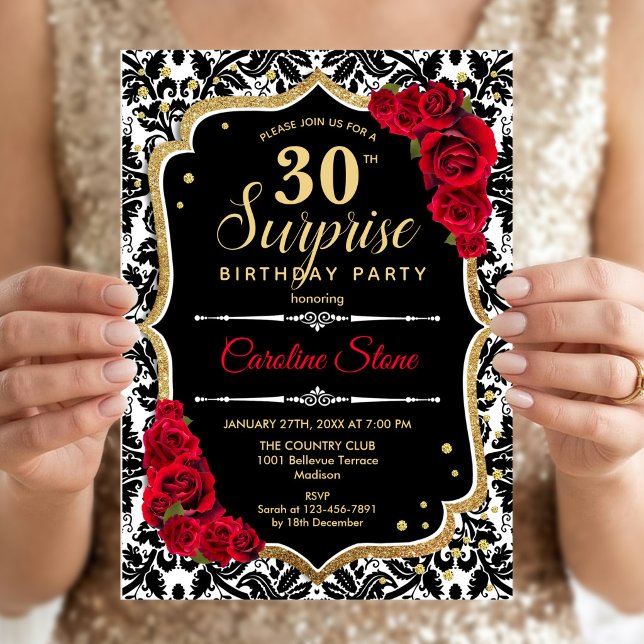 Surprise 30th Birthday - Black Gold Red Invitation (Creator Uploaded)