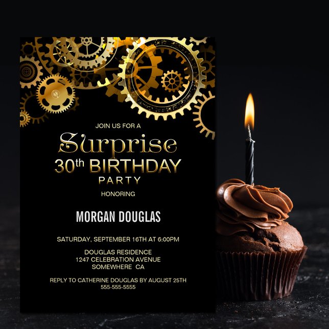 Surprise 30th Birthday Black Gold Steampunk Invitation (Creator Uploaded)