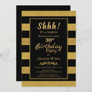 Surprise 30th Birthday Black Gold Striped Party Invitation
