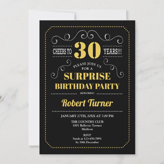 Surprise 30th Birthday - Black Gold White Invitation (Front)
