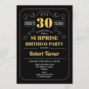 Surprise 30th Birthday - Black Gold White Invitation