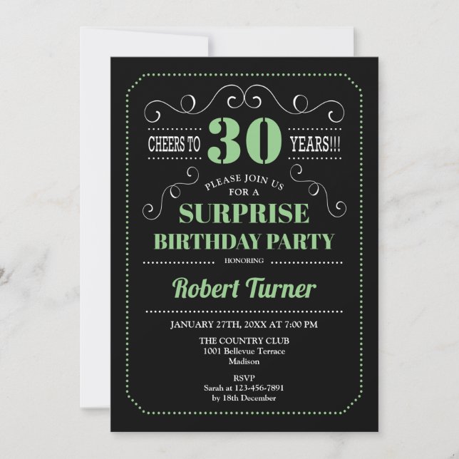 Surprise 30th Birthday - Black Green Invitation (Front)