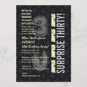 SURPRISE 30th Birthday Black Silver Ivory V4 Invitation