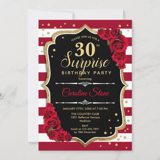 Surprise 30th Birthday - Black White Red Invitation (Front)