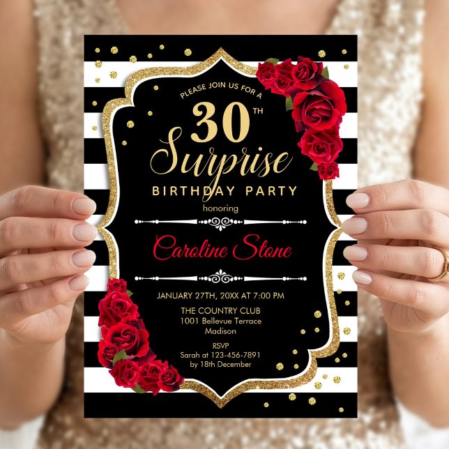 Surprise 30th Birthday - Black White Red Invitation (Creator Uploaded)