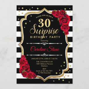 Surprise 30th Birthday - Black White Red Invitation