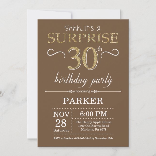 Surprise 30th Birthday Brown and Gold Glitter Invitation (Front)