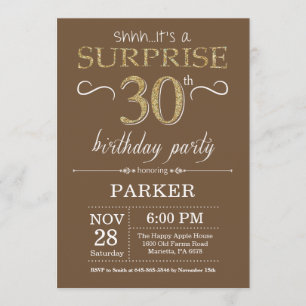 Surprise 30th Birthday Brown and Gold Glitter Invitation