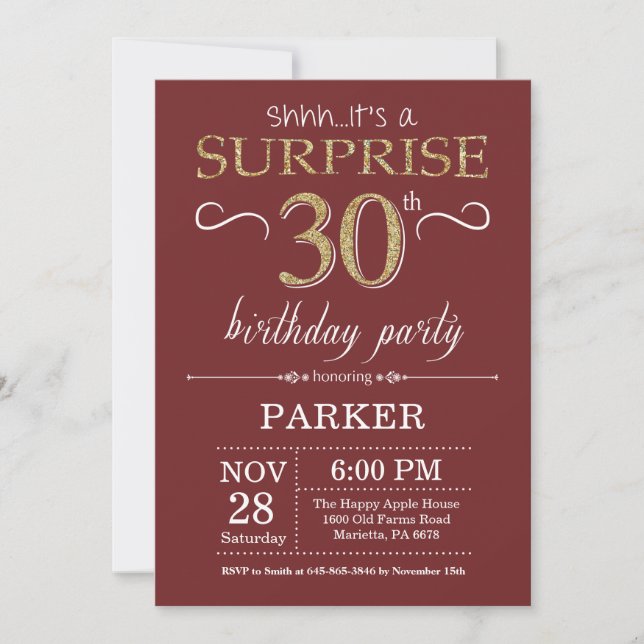 Surprise 30th Birthday Burgundy and Gold Glitter Invitation (Front)
