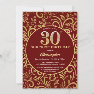 Surprise 30th Birthday Burgundy Red & Gold Floral Invitation