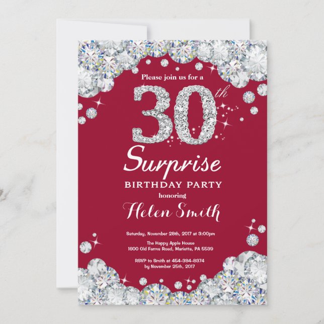 Surprise 30th Birthday Burgundy Red Silver Diamond Invitation (Front)