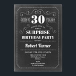 Surprise 30th Birthday - Chalkboard Invitation<br><div class="desc">Surprise 30th Birthday Invitation
Elegant retro chalkboard black and white design. Cheers to 30 years!</div>