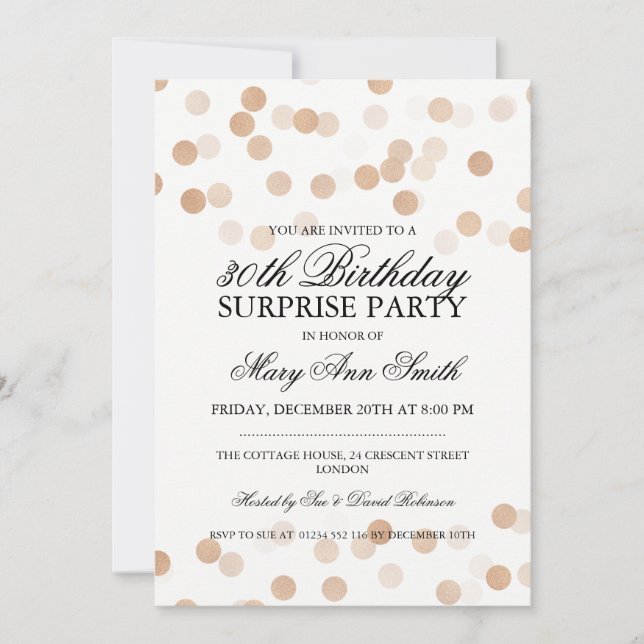 Surprise 30th Birthday Copper Foil Glitter Lights Invitation (Front)