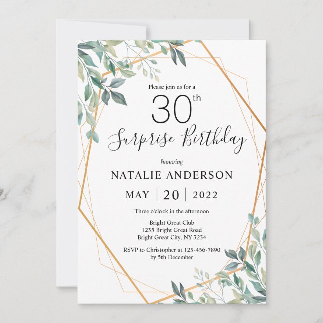 Surprise 30th Birthday Eucalyptus Greenery & Gold Invitation (Front)