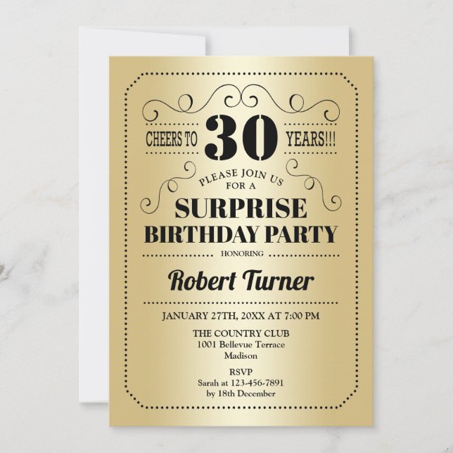 Surprise 30th Birthday - Gold Black Invitation (Front)