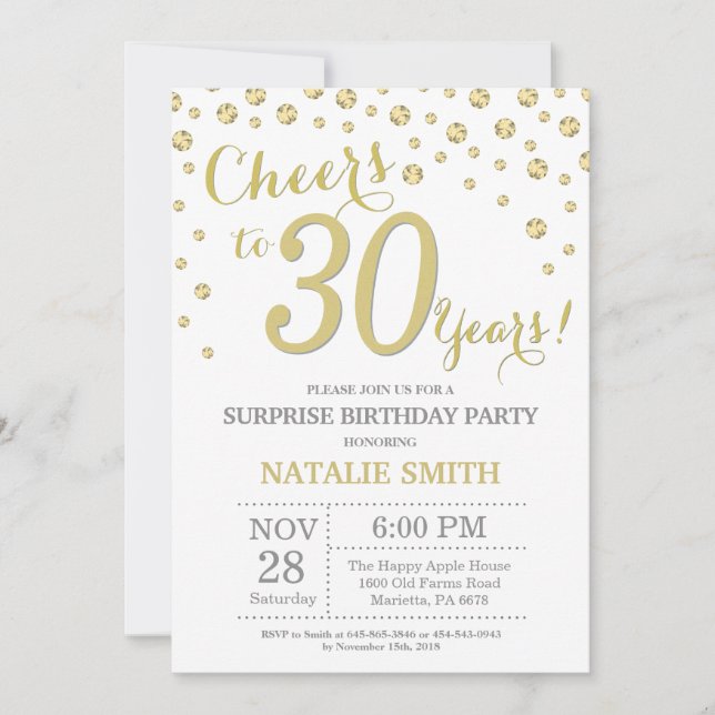 Surprise 30th Birthday Gold Glitter Diamond Invitation (Front)