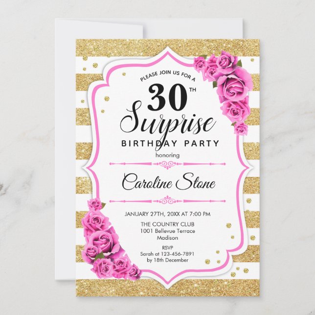 Surprise 30th Birthday - Gold White Pink Invitation (Front)