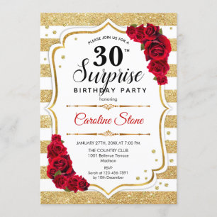 Surprise 30th Birthday - Gold White Red Invitation