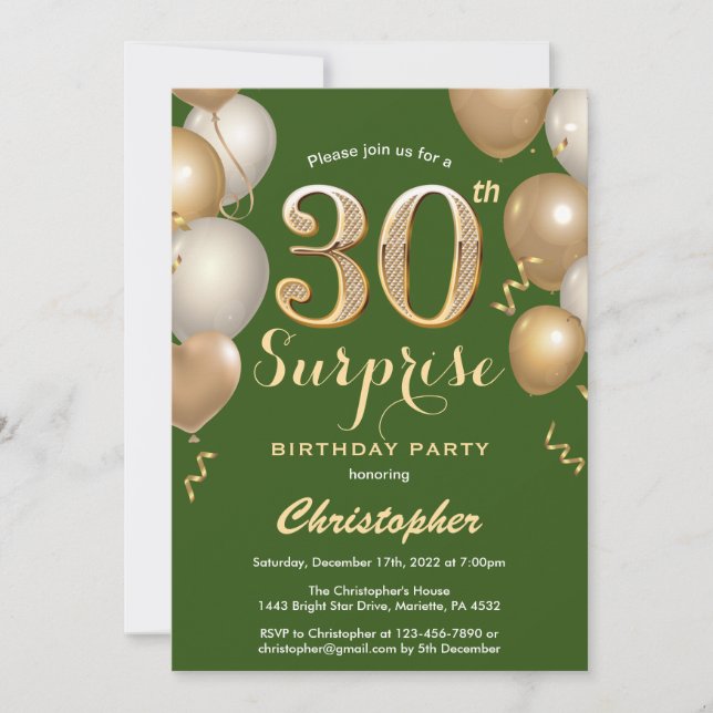 Surprise 30th Birthday Green and Gold Balloons Invitation (Front)
