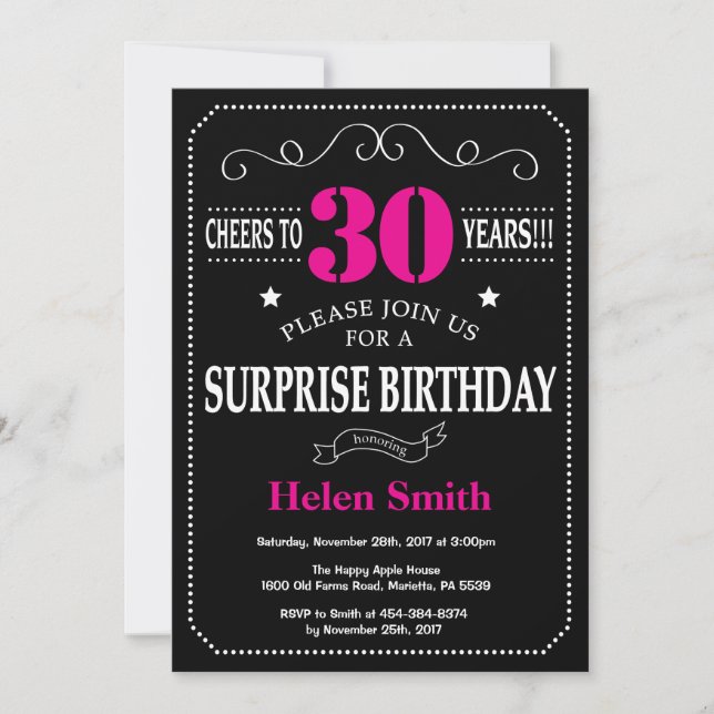Surprise 30th Birthday Hot Pink and Black Invitation (Front)