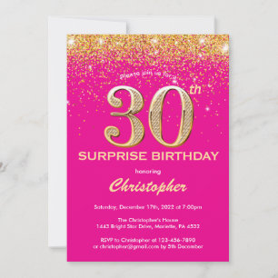 Surprise 30th Birthday Hot Pink and Gold Glitter Invitation