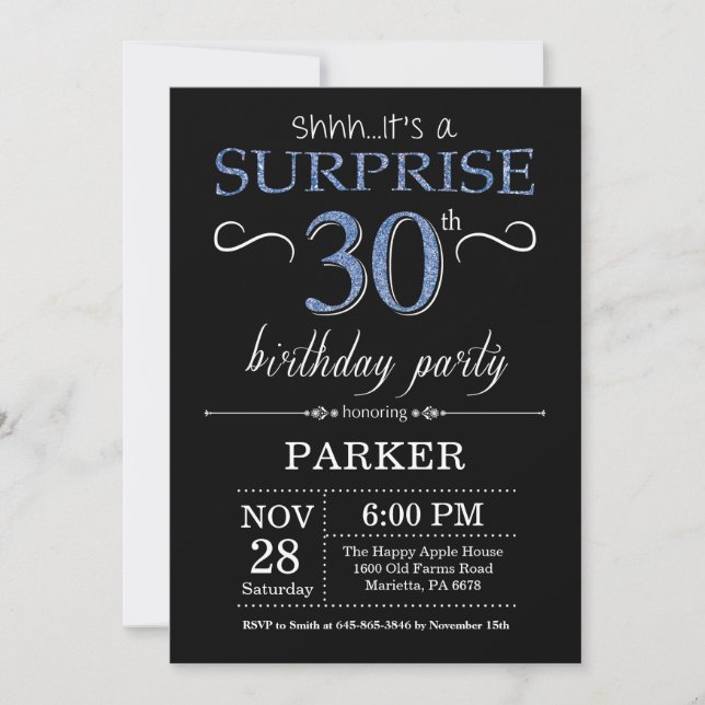 Surprise 30th Birthday Invitation Black and Blue (Front)